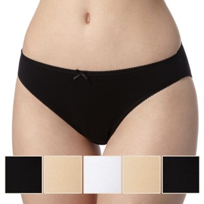 Pack of five cotton black, natural and white high leg briefs